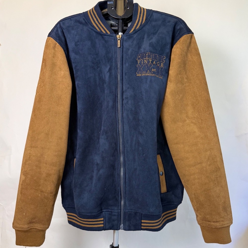 Buffalo David Bitton Mens XXL Faux Suede Varsity Bomber Jacket Navy Blue Tan Zip